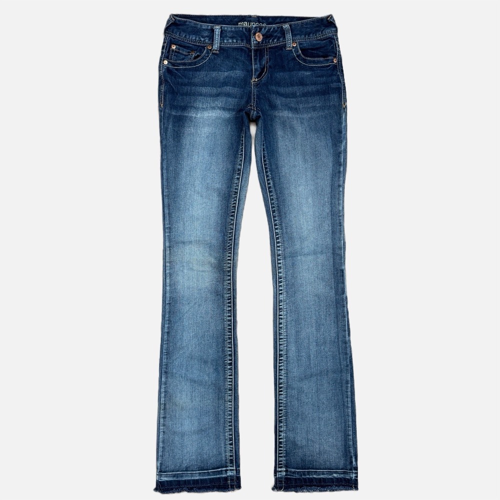 Maurices Jeans Womens 1/2L Blue Low Rise Bootcut Stretch Fray Hem Y2K Dark Denim